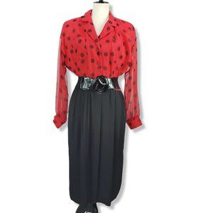 Vintage 80's D'Albert Black & Red Button-up Lady-bug Midi Dress Size 12
